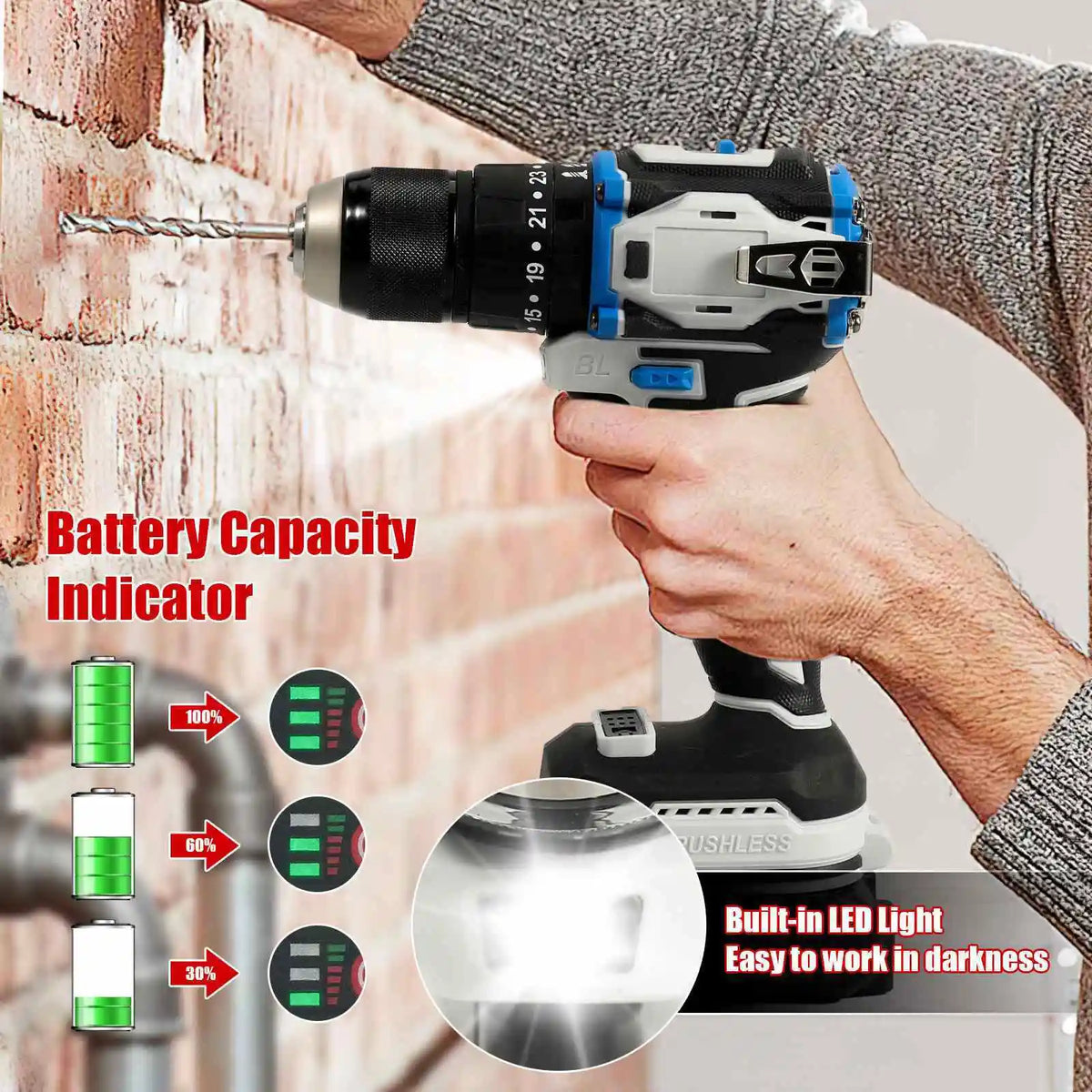 Taladro Atornillador Eléctrico Inalámbrico / Taladro de Impacto 3 en 1.
