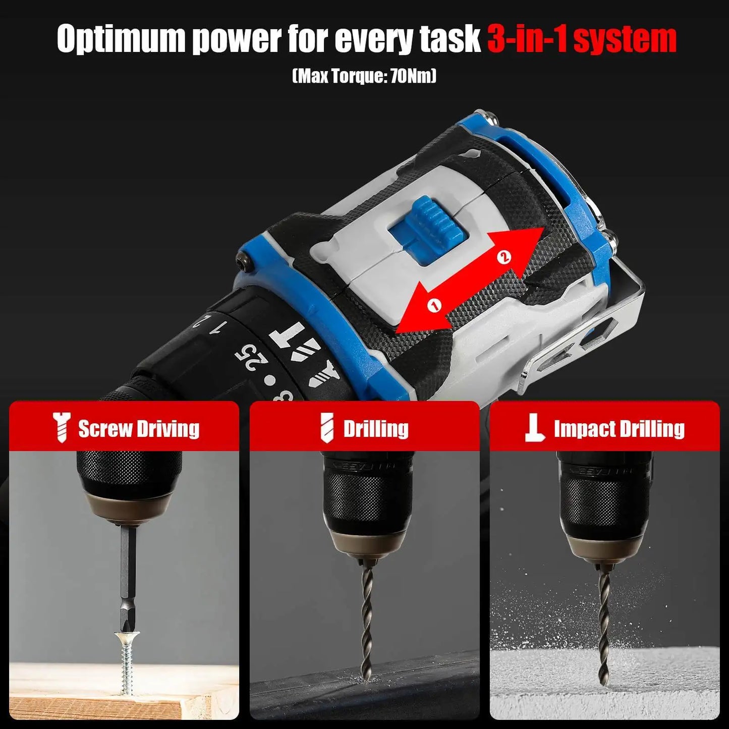 Taladro Atornillador Eléctrico Inalámbrico / Taladro de Impacto 3 en 1.