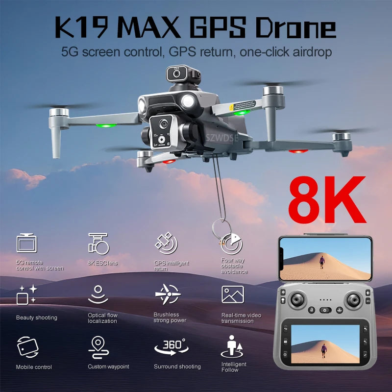 Dron K19 MAX GPS Profesional con Cámara 8K, FPV.