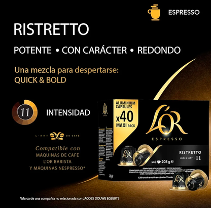 Pack 40 Capsulas (Ristretto L'OR Coffee) Gold Premium,  Intensidad 11